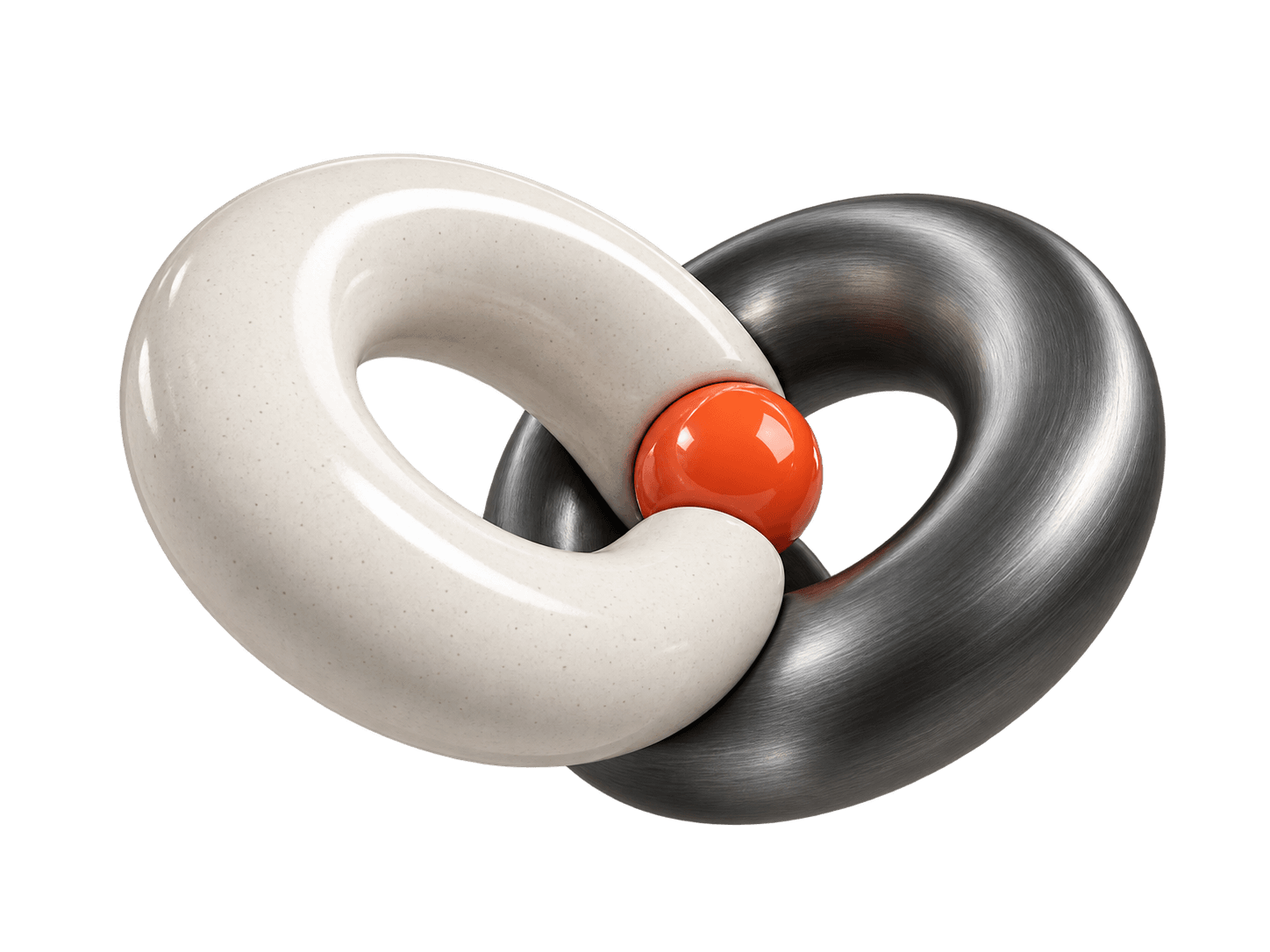 Interlocking ceramic and graphite rings surrounding a red-orange sphere